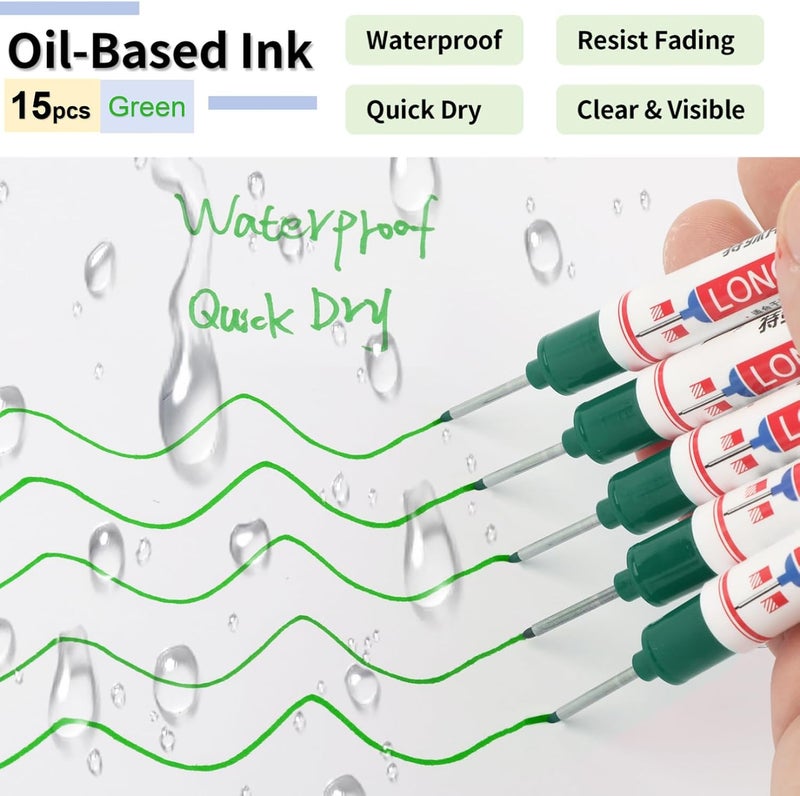 Mkobon 15 Pcs Long Head Deep Hole Marker, 20 mm Long Nose Nib Deep Reach Metal Marking Pen, Quick-drying Waterproof Permanent Pens For Carpenter, Woodworking, Construction (Green) - Image 3